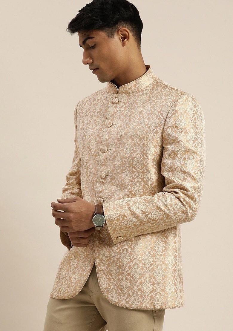Gold Embroidered Poly Blend Blazers For Men
