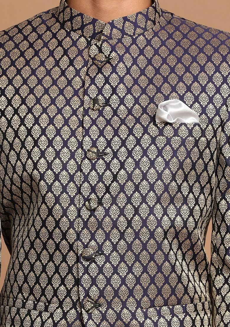 Blue Embroidered Poly Blend Blazers For Men