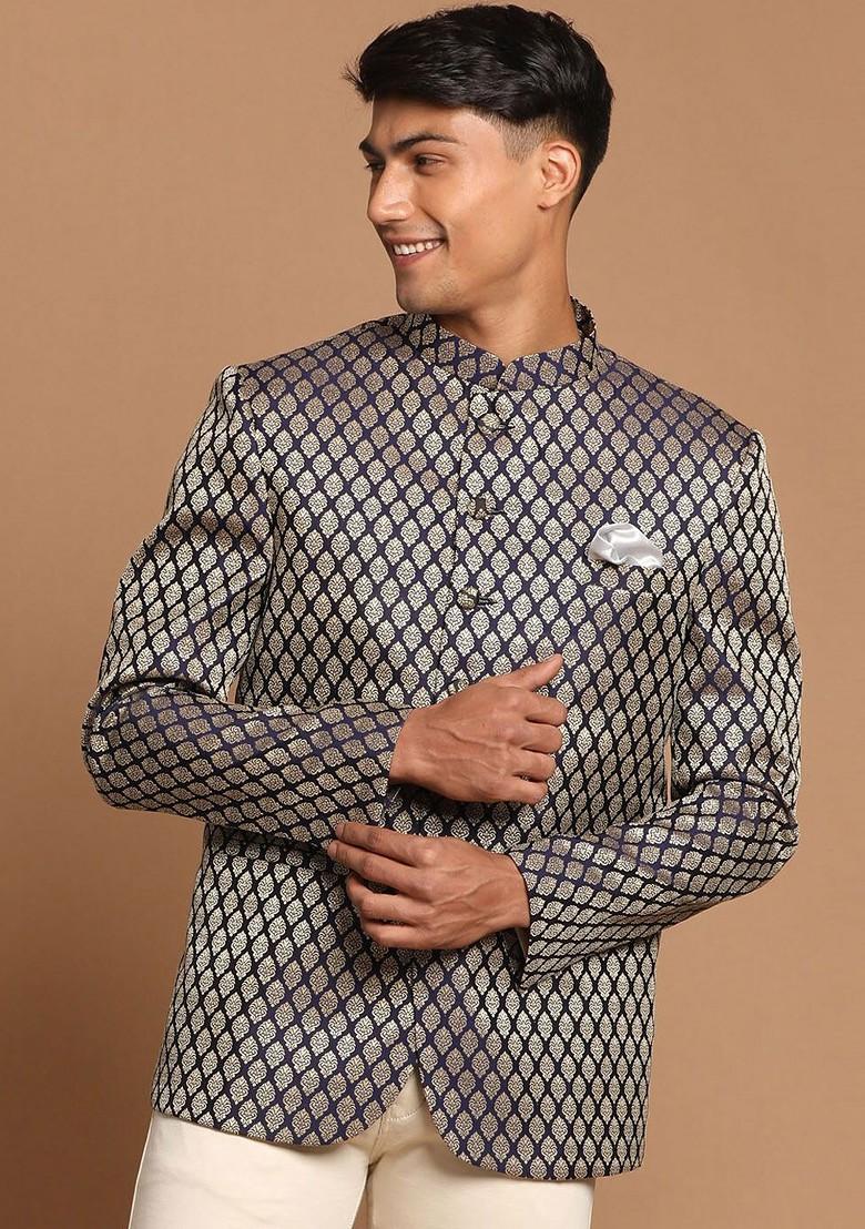 Blue Embroidered Poly Blend Blazers For Men