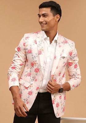 Peach Floral Print Poly Blend Blazers For Men