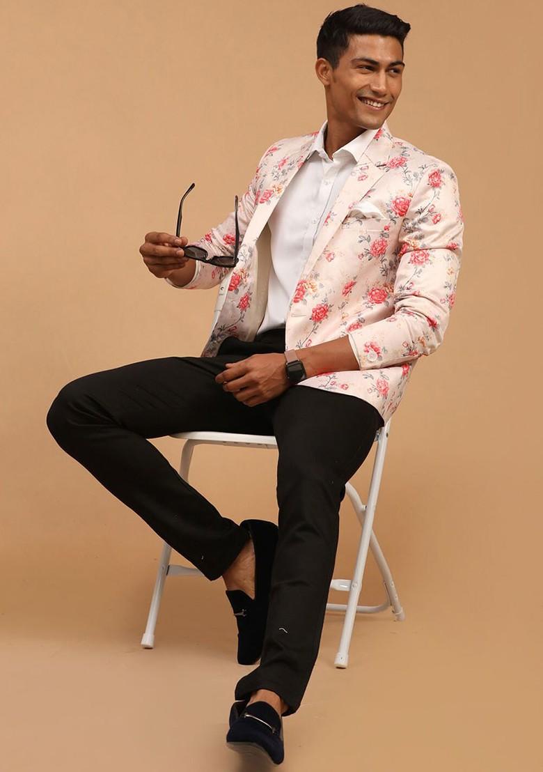 Peach Floral Print Poly Blend Blazers For Men