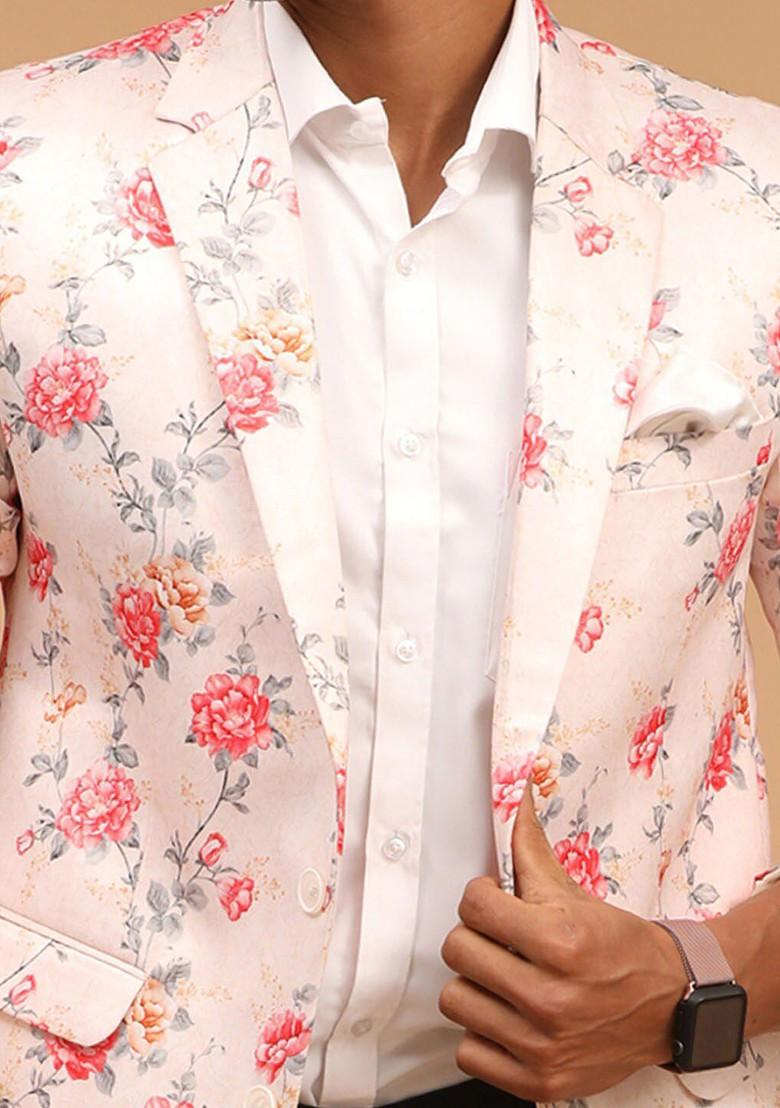 Peach Floral Print Poly Blend Blazers For Men