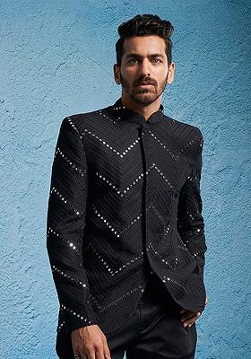 Black Embroidered Poly Blend Blazers For Men