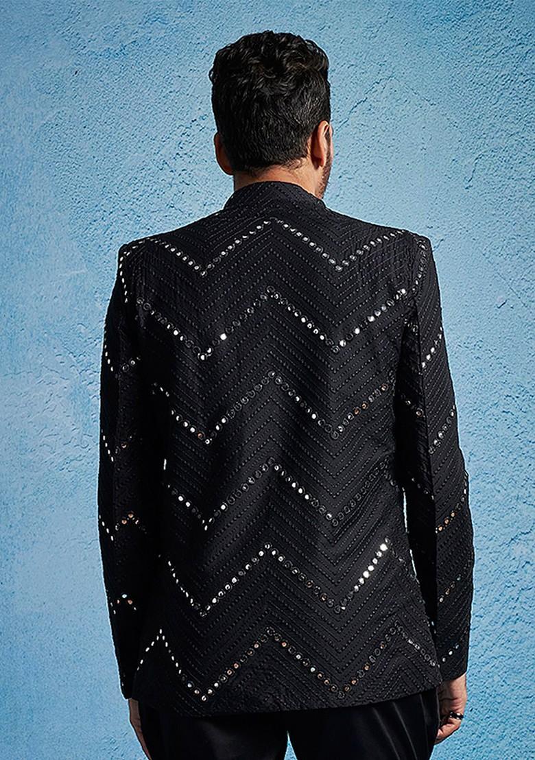 Black Embroidered Poly Blend Blazers For Men