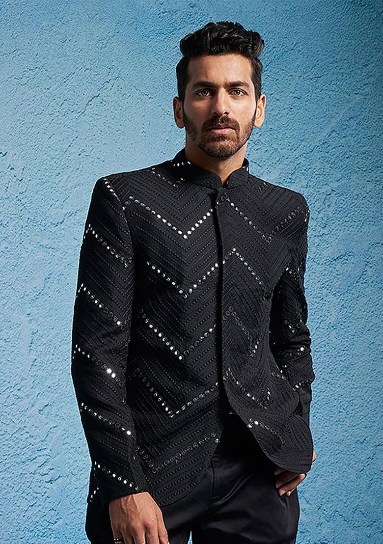 Black Embroidered Poly Blend Blazers For Men