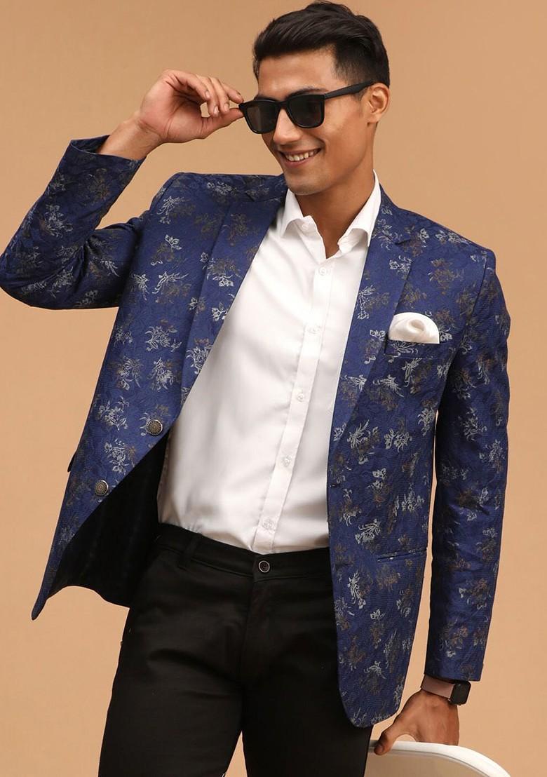 Navy Blue Printed Poly Blend Blazers For Men