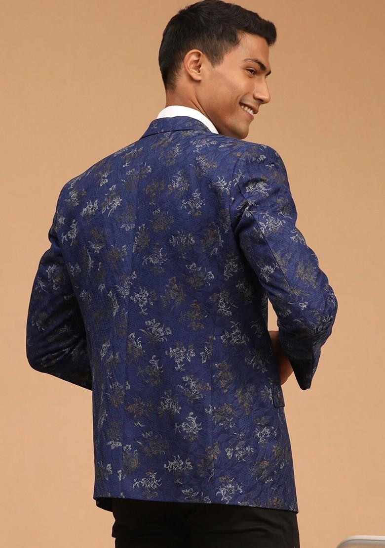 Navy Blue Printed Poly Blend Blazers For Men