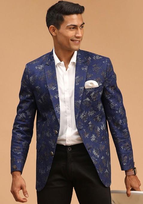 Navy Blue Printed Poly Blend Blazers For Men