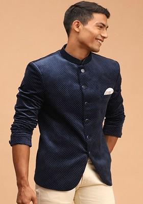 Navy Blue Printed Poly Blend Blazers For Men
