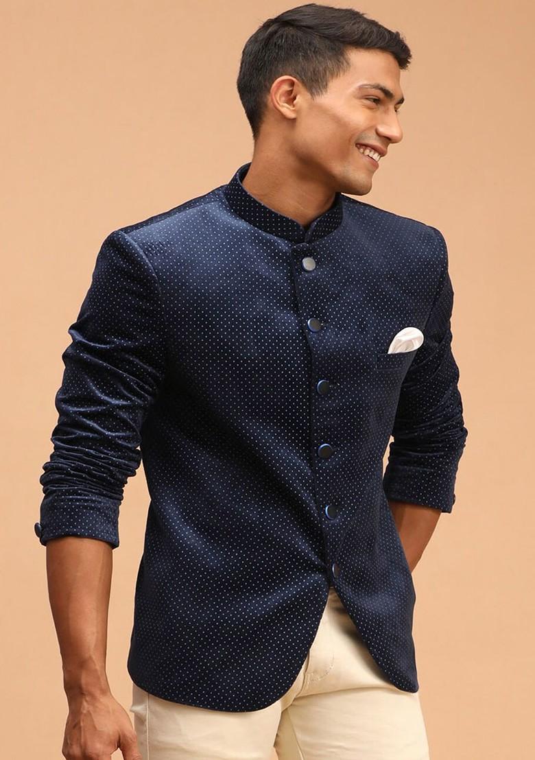 Navy Blue Printed Poly Blend Blazers For Men