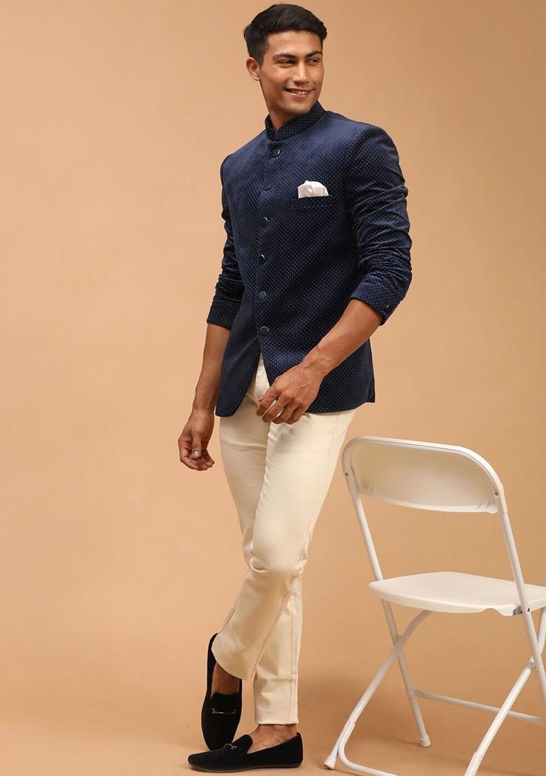 Navy Blue Printed Poly Blend Blazers For Men