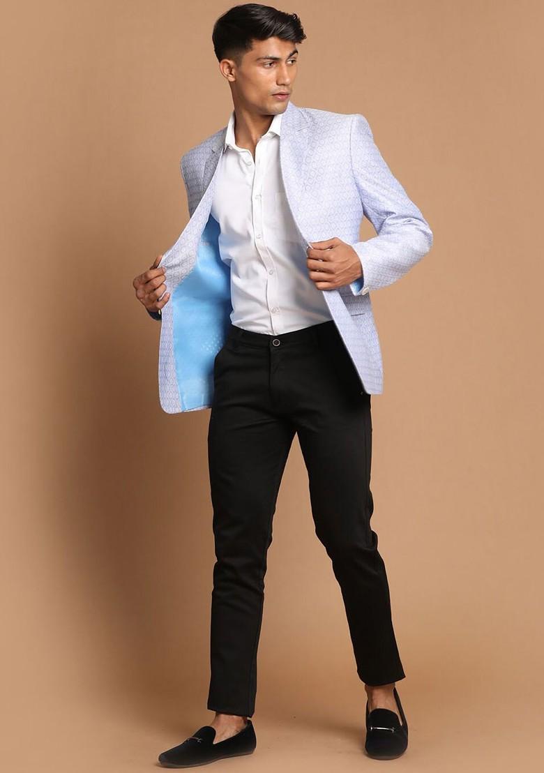 Lavender Solid Poly Blend Blazers For Men