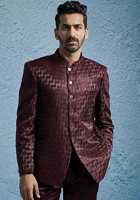 Burgundy Solid Poly Blend Blazers For Men