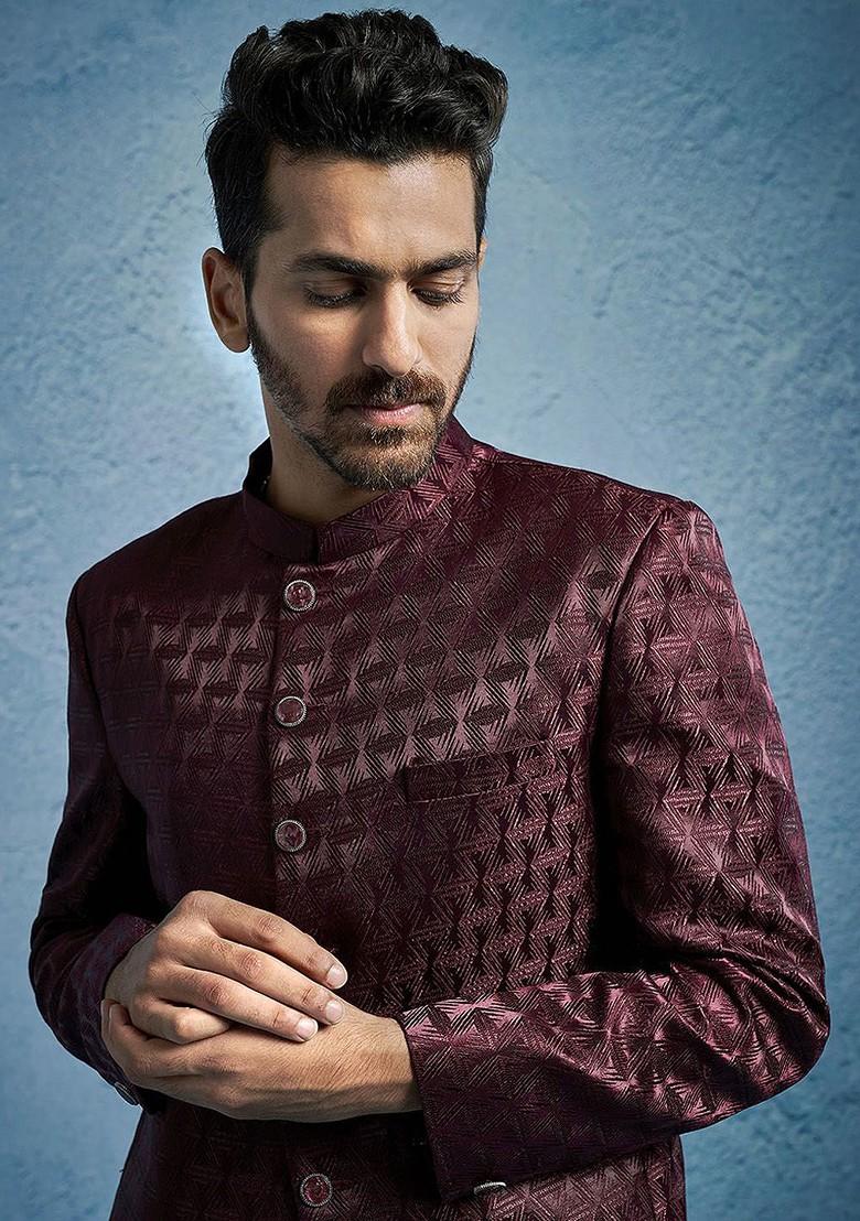 Burgundy Solid Poly Blend Blazers For Men