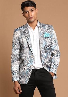 Grey Printed Poly Blend Blazers For Men