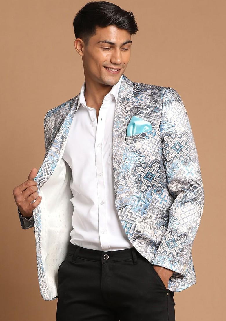 Grey Printed Poly Blend Blazers For Men