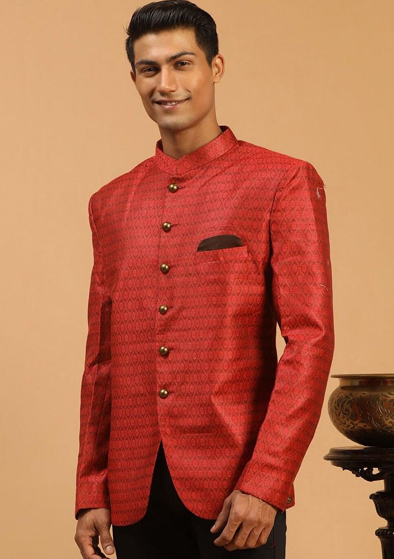 Maroon Solid Poly Blend Blazers For Men