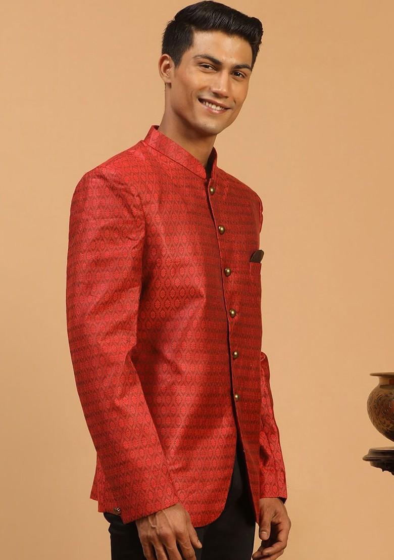 Maroon Solid Poly Blend Blazers For Men