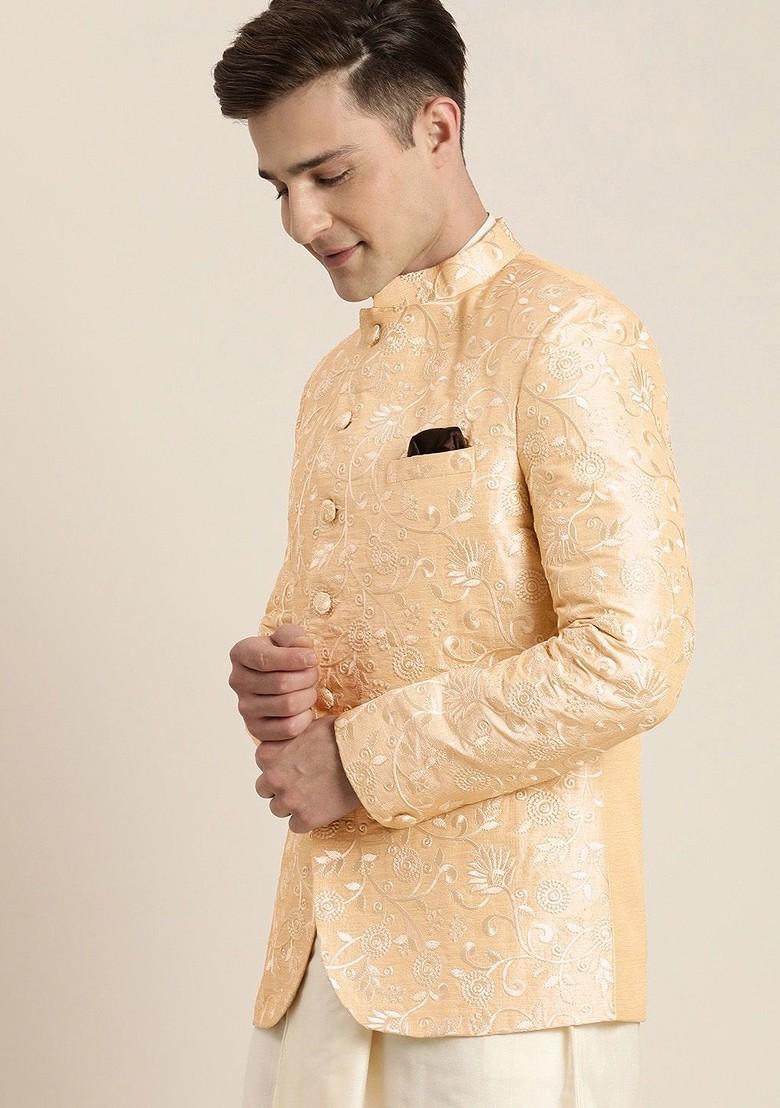 Beige Floral Print Poly Blend Blazers For Men