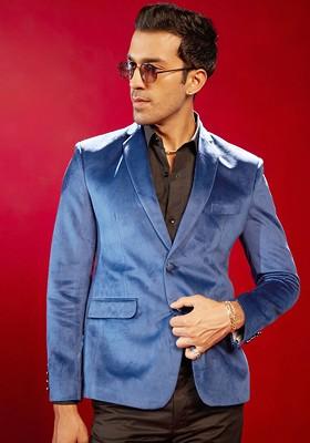 Blue Solid Poly Blend Blazers For Men