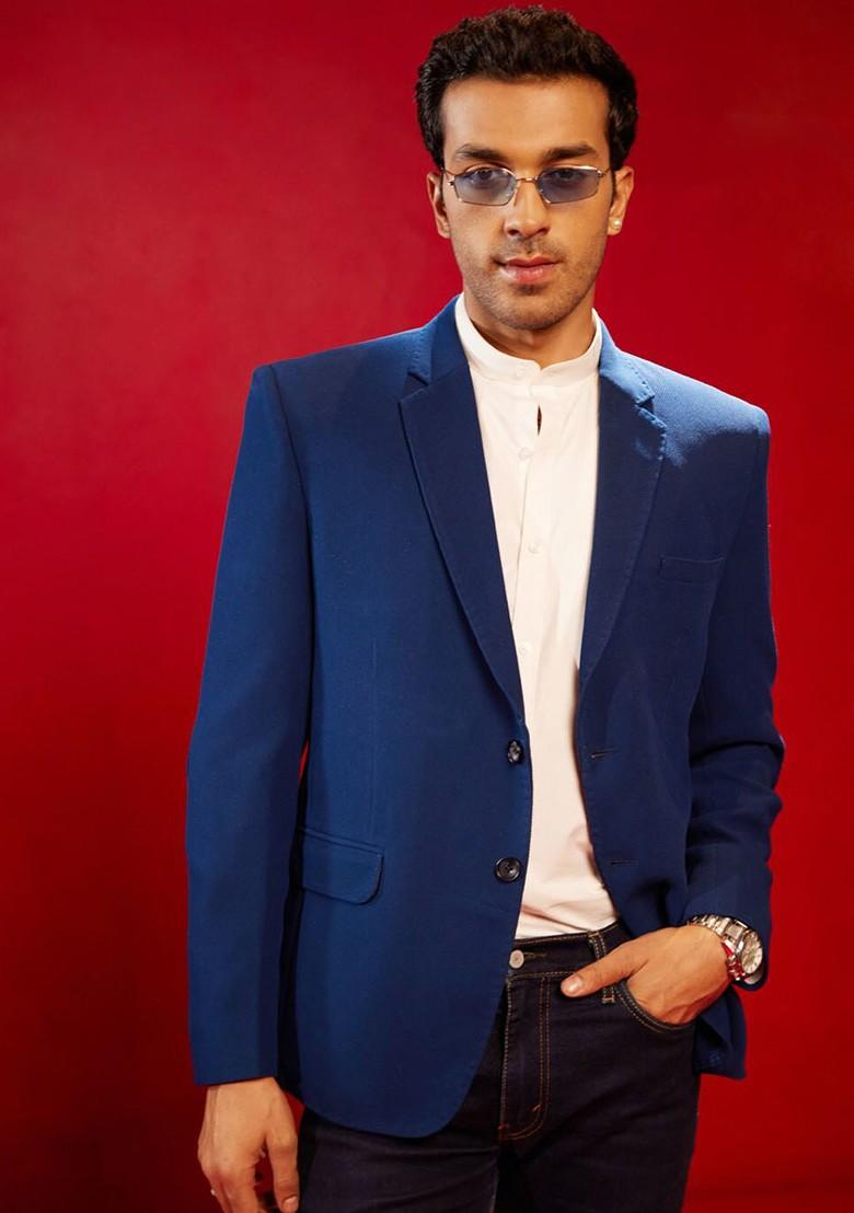 Blue Solid Poly Blend Blazers For Men