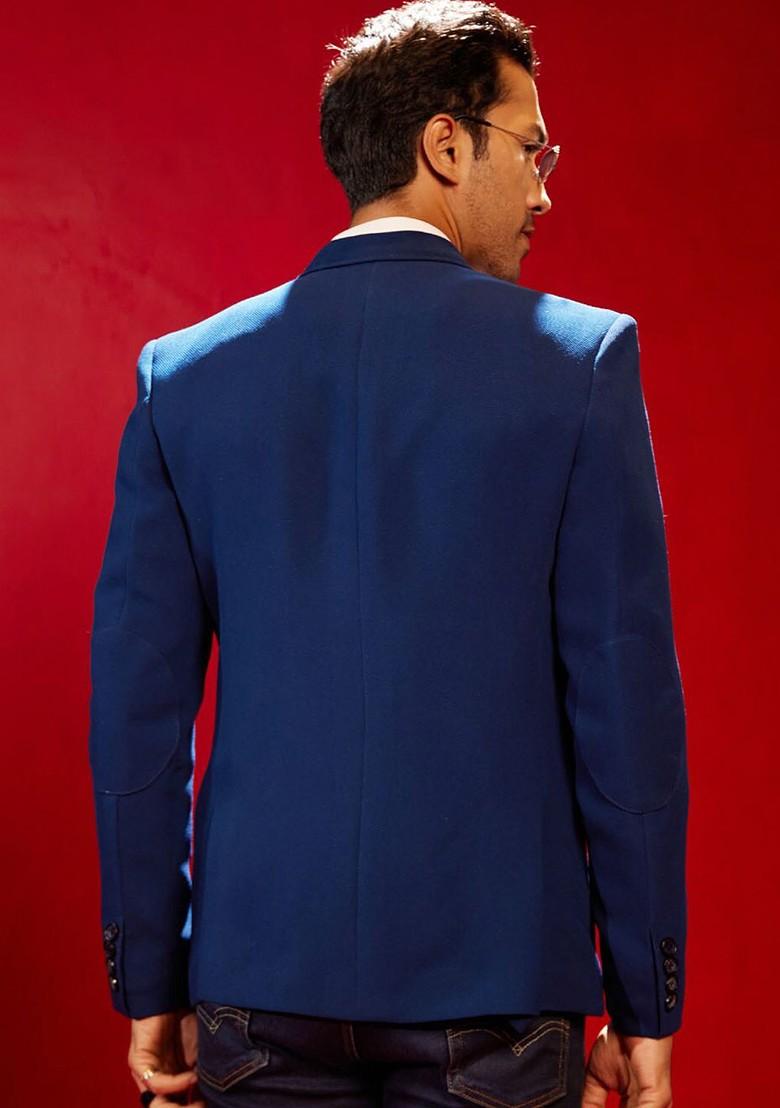 Blue Solid Poly Blend Blazers For Men