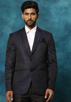 Blue Embroidered Poly Blend Blazers For Men