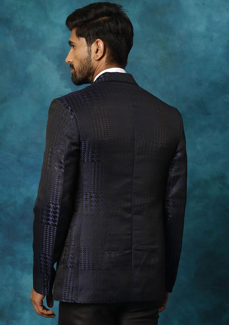 Blue Embroidered Poly Blend Blazers For Men
