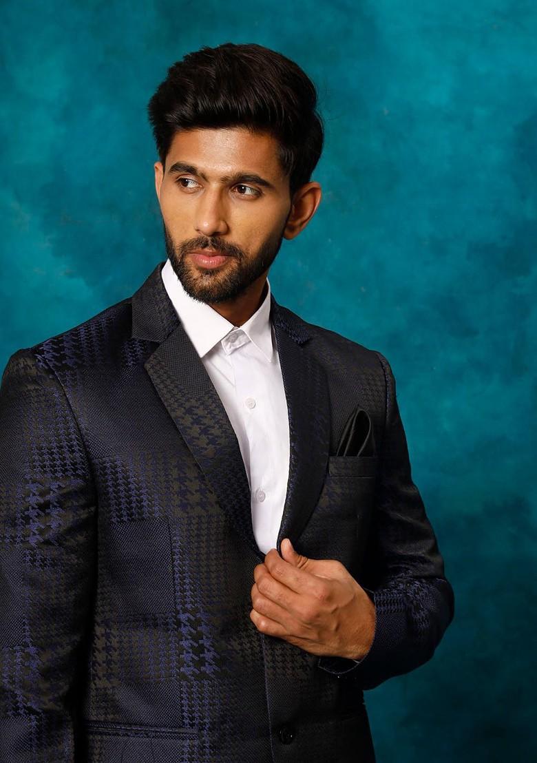 Blue Embroidered Poly Blend Blazers For Men