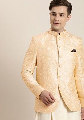 Beige Embroidered Poly Blend Blazers For Men