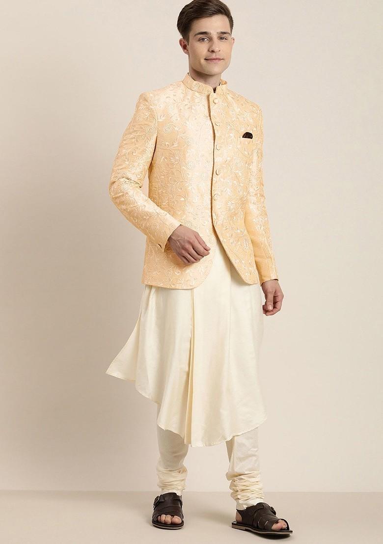 Beige Embroidered Poly Blend Blazers For Men