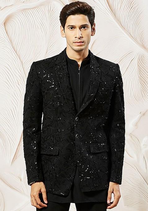 Black Embroidered Georgette Blazers For Men