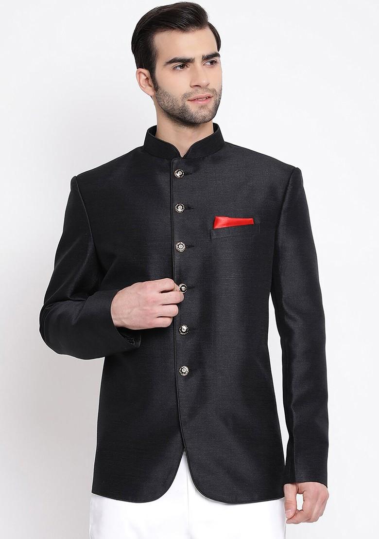 Black Solid Poly Blend Blazers For Men