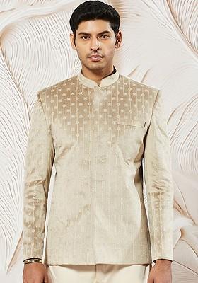 Beige Embroidered Poly Blend Blazers For Men