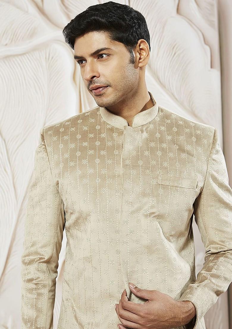 Beige Embroidered Poly Blend Blazers For Men
