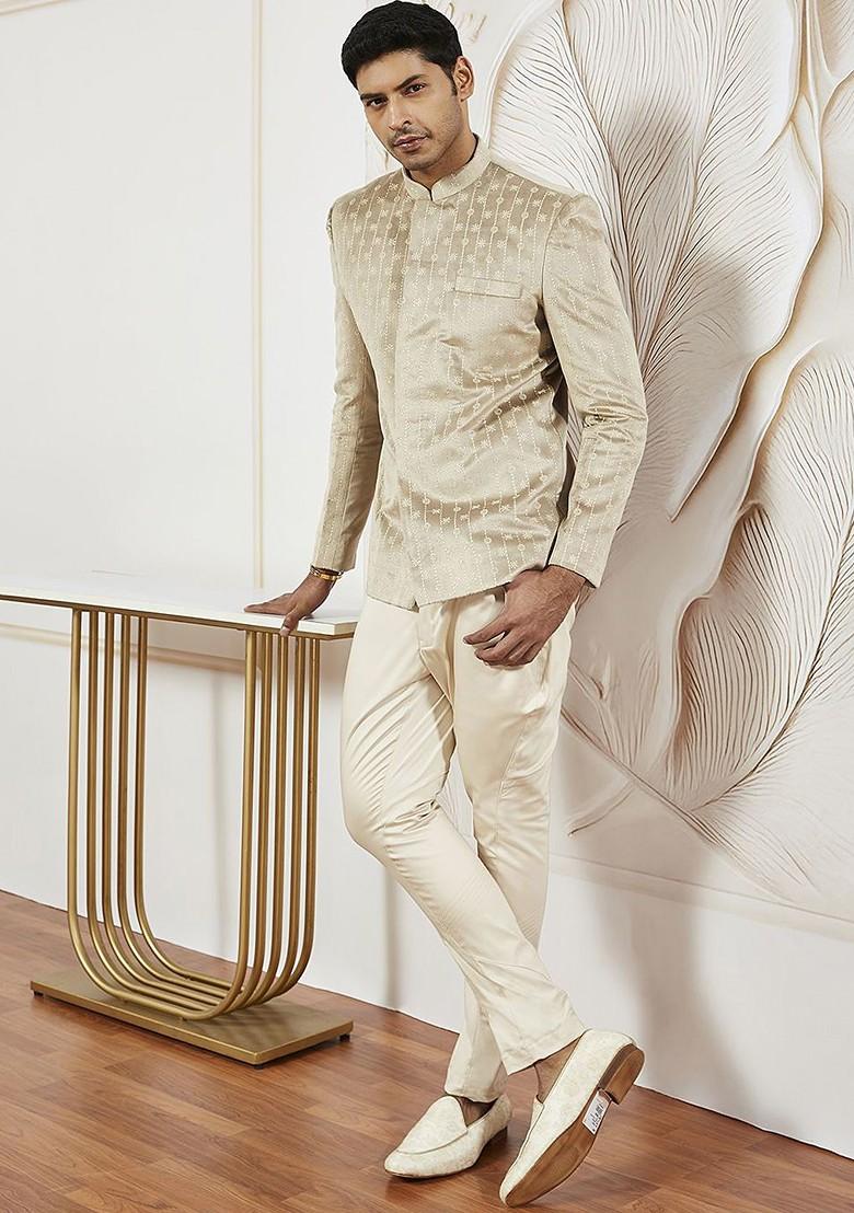 Beige Embroidered Poly Blend Blazers For Men