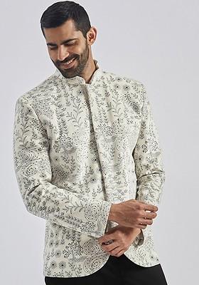 Cream Floral Print Poly Blend Blazers For Men