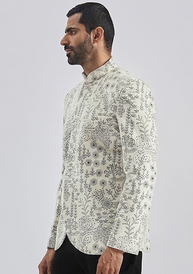 Cream Floral Print Poly Blend Blazers For Men