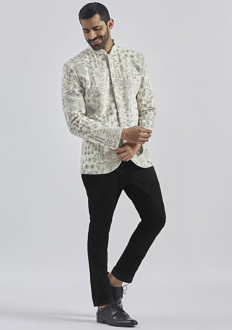 Cream Floral Print Poly Blend Blazers For Men