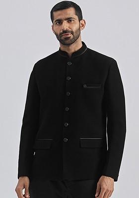 Black Solid Jacquard Blazers For Men