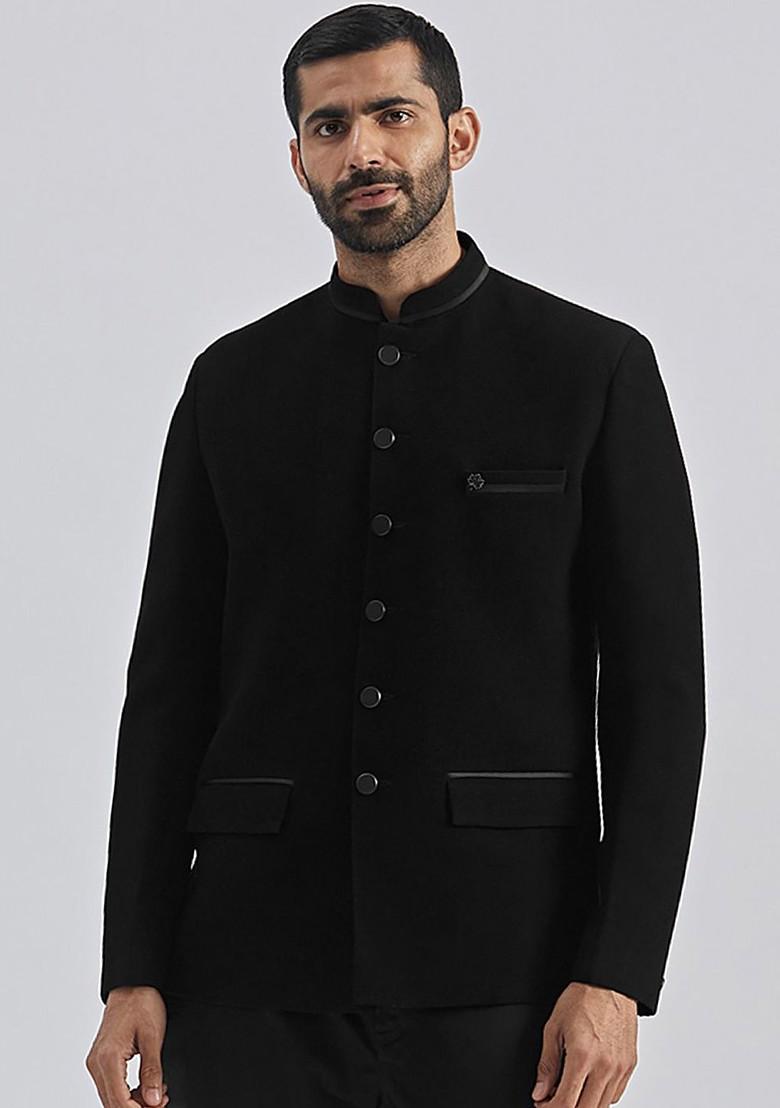 Black Solid Jacquard Blazers For Men