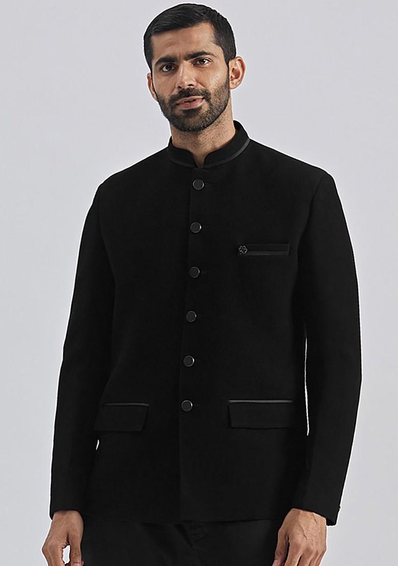 Black Solid Jacquard Blazers For Men