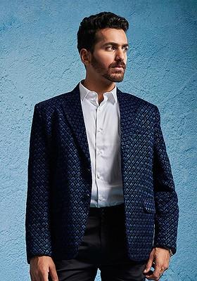 Blue Embroidered Poly Blend Blazers For Men