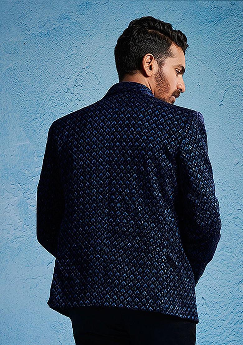 Blue Embroidered Poly Blend Blazers For Men