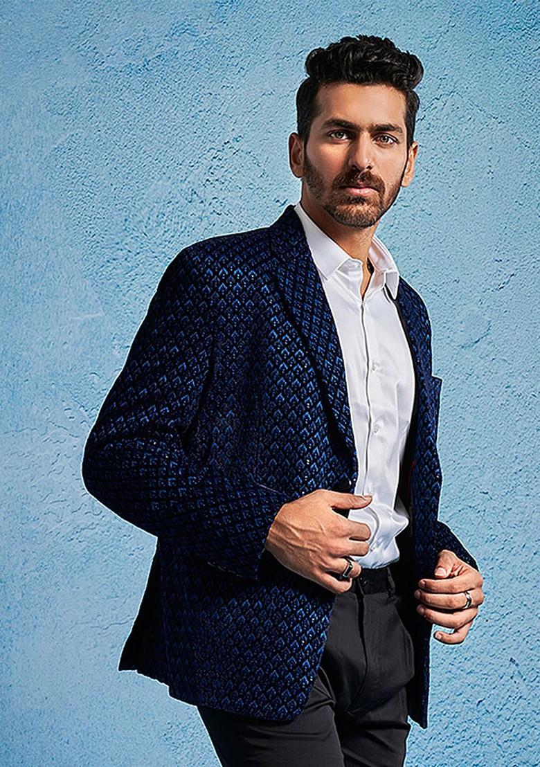 Blue Embroidered Poly Blend Blazers For Men