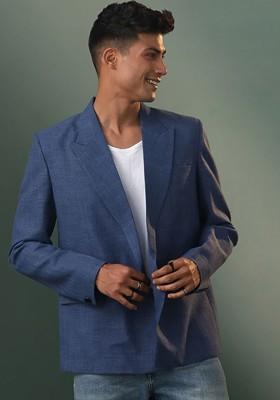 Blue Solid Cotton Blazers For Men