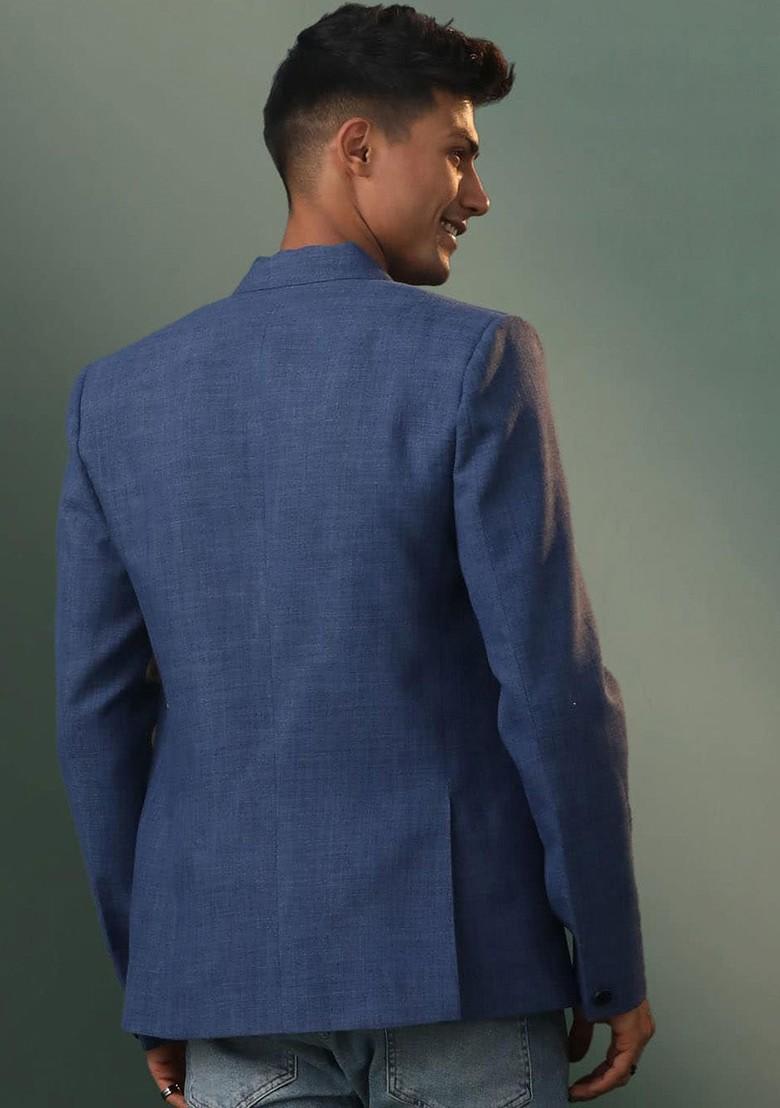 Blue Solid Cotton Blazers For Men