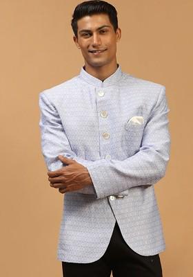Lavender Embroidered Poly Blend Blazers For Men