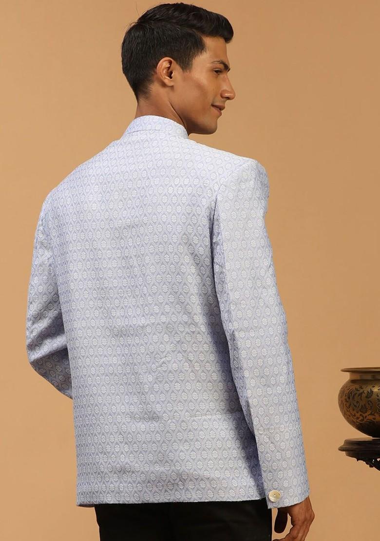 Lavender Embroidered Poly Blend Blazers For Men