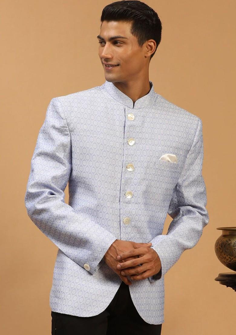 Lavender Embroidered Poly Blend Blazers For Men